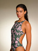 Fato de banho inteiro feminino para treino PINUP 388P - Logo Military + Rosa Claro