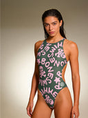 Fato de banho inteiro feminino para treino PINUP 388P - Logo Military + Rosa Claro