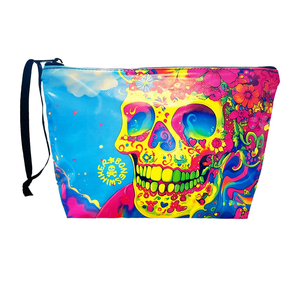 Beauty case da piscina con cerniera Boneswimmer Skull Wave, la stampa rappresenta un teschio con colori fluo sullo sfondi un cielo 