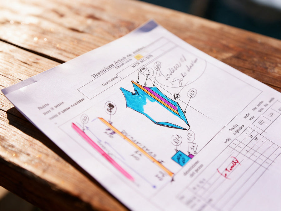 Hand-drawn product sheet with a coloured sketch of a swimsuit