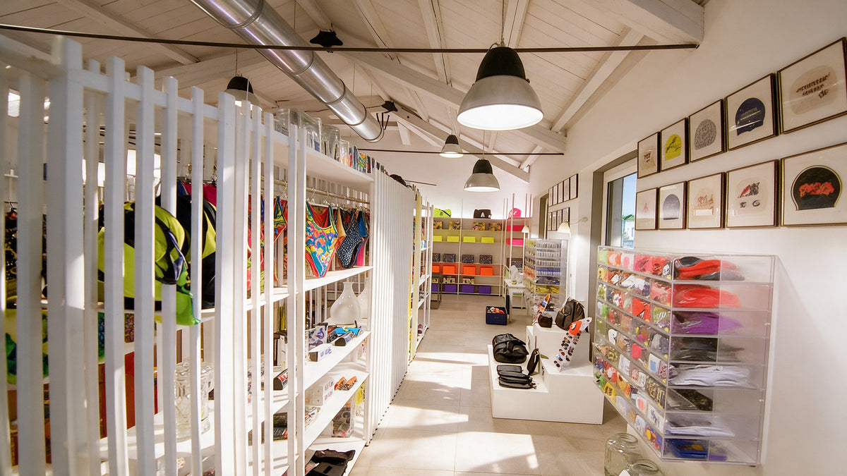 An aisle in the BONESWIMMER shop in Gallarate, white slatted walls and colourful accessories