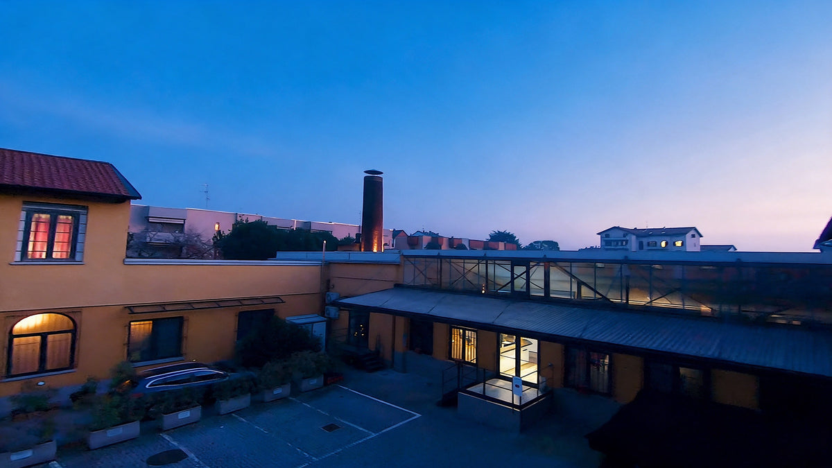 BONESWIMMER headquarters in Gallarate at blue hour (from the Aerial Age video)