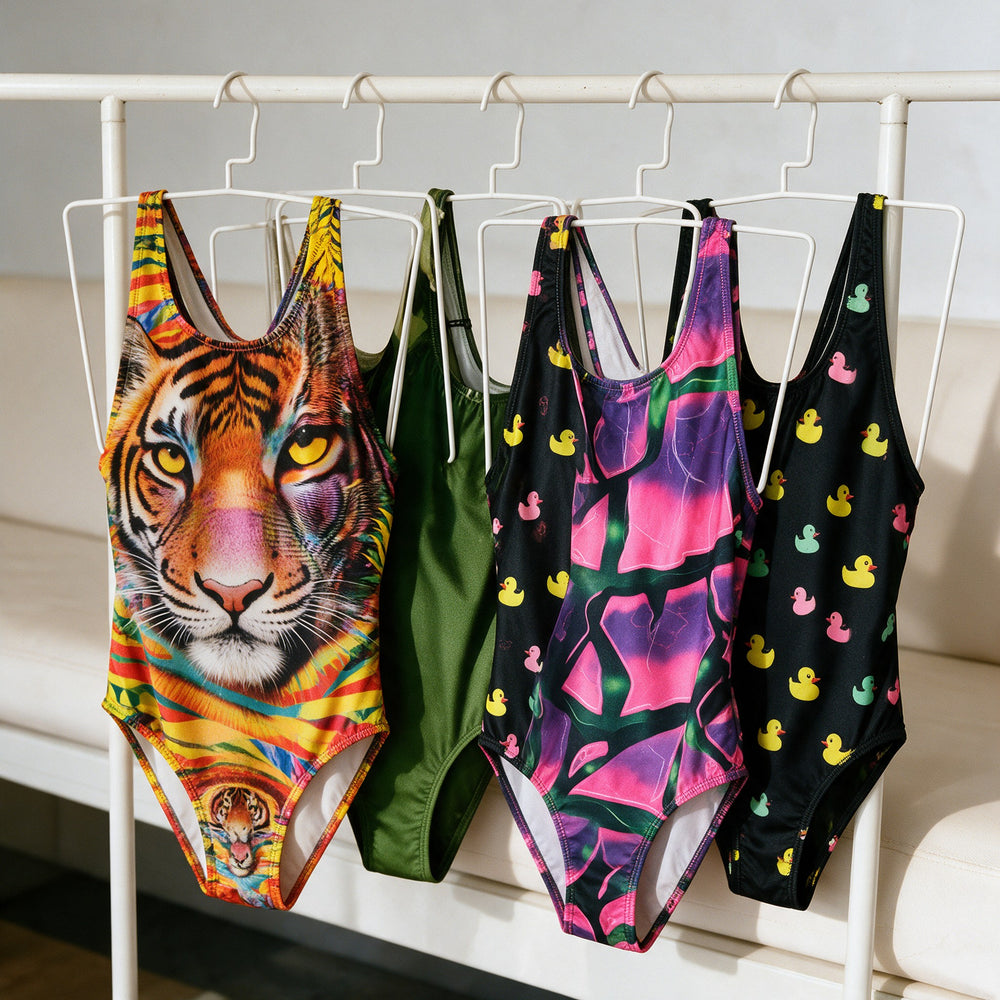Printed BONESWIMMER swimsuits on the rail: tiger, pink abstract and ducklings