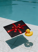 Busta regalo nera con fiocco rosso e paperella gialla in piscina: la gift card BONESWIMMER