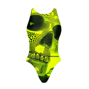 Costume da allenamento nuoto in piscina Boneswimmer da bambina, modello intero PINUP 444PF - Strass con stampa di un teschio color giallo fluo con riflessi fluo con puntini neri tipo retino, fronte