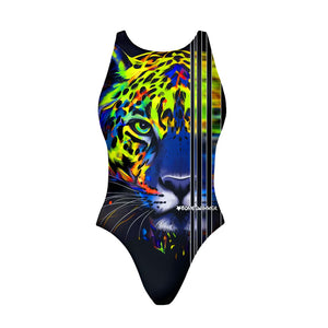 Costume da allenamento nuoto in piscina Boneswimmer da bambina modello intero PINUP 449P - NEON con stampa di un giaguaro dal manto fluorescente, fronte