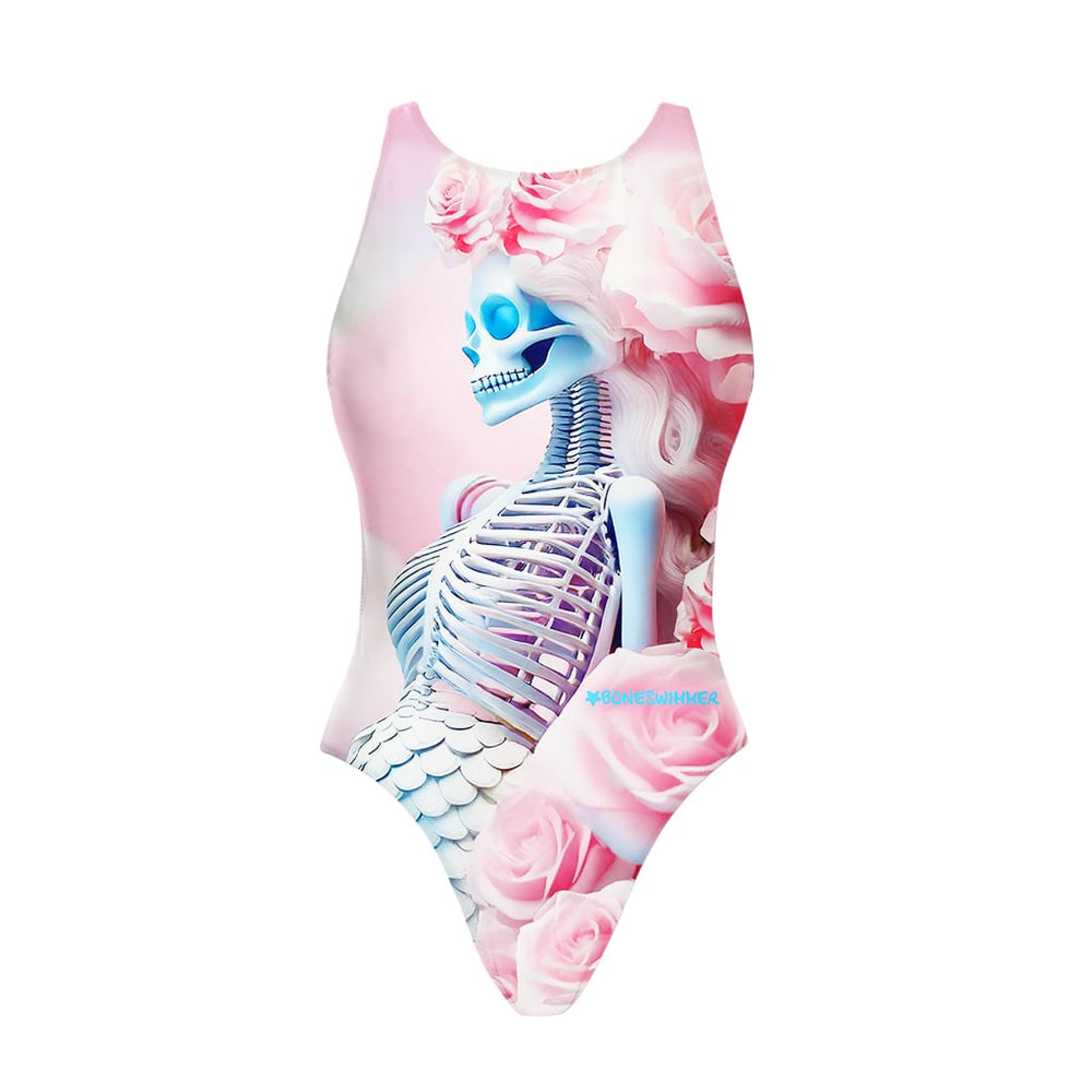 Costume da allenamento nuoto in piscina Boneswimmer da bambina, modello intero PINUP 452P - Proses con stampa di uno scheletro di sirena tra le rose, fronte