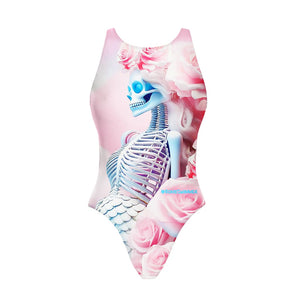 Costume da allenamento nuoto in piscina Boneswimmer da bambina, modello intero PINUP 452P - Proses con stampa di uno scheletro di sirena tra le rose, fronte