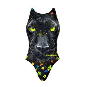 Costume da allenamento nuoto in piscina Boneswimmer da bambina, modello intero PINUP 456PF - ECLIPSE con stampa del muso di una pantera nera guarnita di fiorellini fluo, fronte