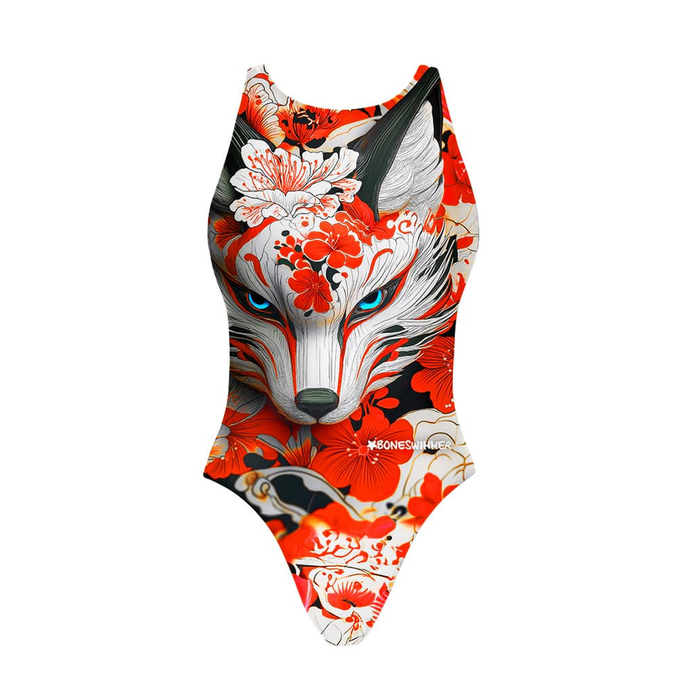 Costume da allenamento nuoto in piscina Boneswimmer da bambina, modello intero PINUP 457P - KITSUNE con stampa di una volpe misteriosa tra i fiori, fronte