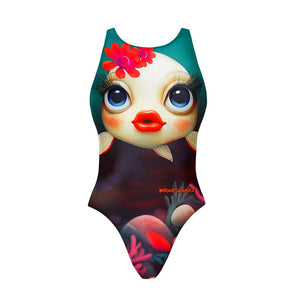 Costume da allenamento nuoto in piscina Boneswimmer da bambina, modello intero PINUP 458P - KISS con stampa di un pesce dalle labbra carnose e lunghe ciglia, fronte