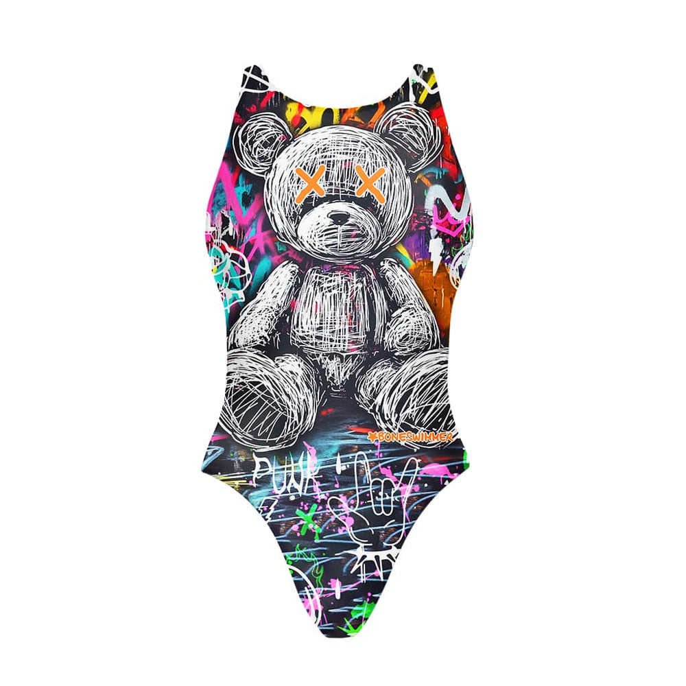 Costume da allenamento nuoto in piscina Boneswimmer da bambina, modello intero PINUP 459PF - PSYCHO con stampa di un orsetto disegnato a penna su sfondo nero e con colori fluo in stile pop e punk, fronte