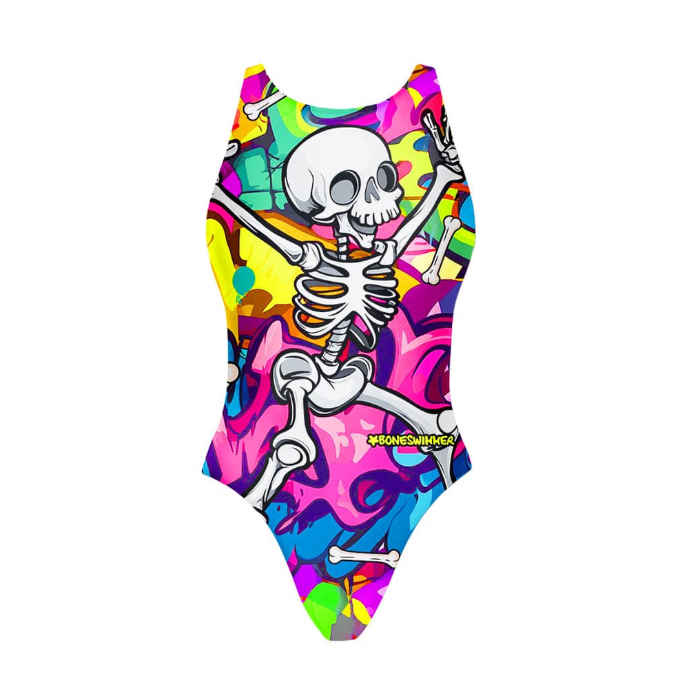 Costume da allenamento nuoto in piscina Boneswimmer da bambina, modello intero PINUP 462PF - BONES con stampa di uno scheletro felice che balla ad un party molto fluo, fronte