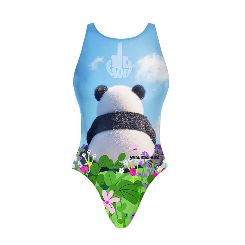 Costume da allenamento nuoto in piscina Boneswimmer da bambina, modello intero PINUP 463P - ECCO! con stampa di un panda arrabbiato di schiena, fronte