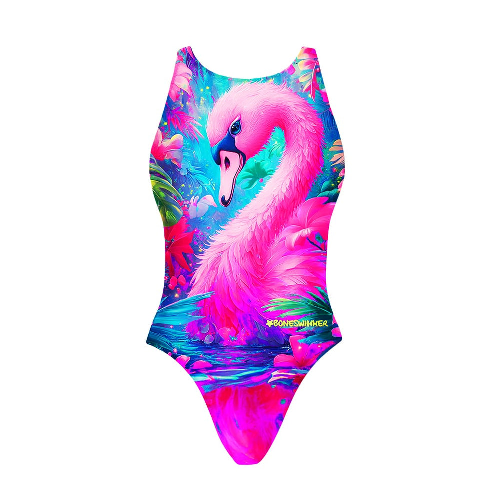 Costume da allenamento nuoto in piscina Boneswimmer da bambina, modello intero PINUP 464PF - SWAN con stampa di un elegante cigno fucsia, fronte