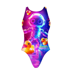 Costume da allenamento nuoto in piscina Boneswimmer da donna, modello intero PINUP 442P - Gravity con stampa di un robottino con riflessi fluo su una superficie d'acqua e una piggia di paperelle di gomma, fronte