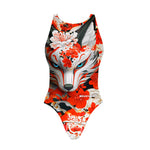 Costume da allenamento nuoto in piscina Boneswimmer da donna, modello intero PINUP 457P - KITSUNE con stampa di una volpe misteriosa tra i fiori, fronte