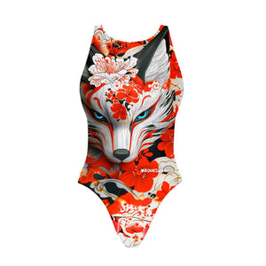 Costume da allenamento nuoto in piscina Boneswimmer da donna, modello intero PINUP 457P - KITSUNE con stampa di una volpe misteriosa tra i fiori, fronte