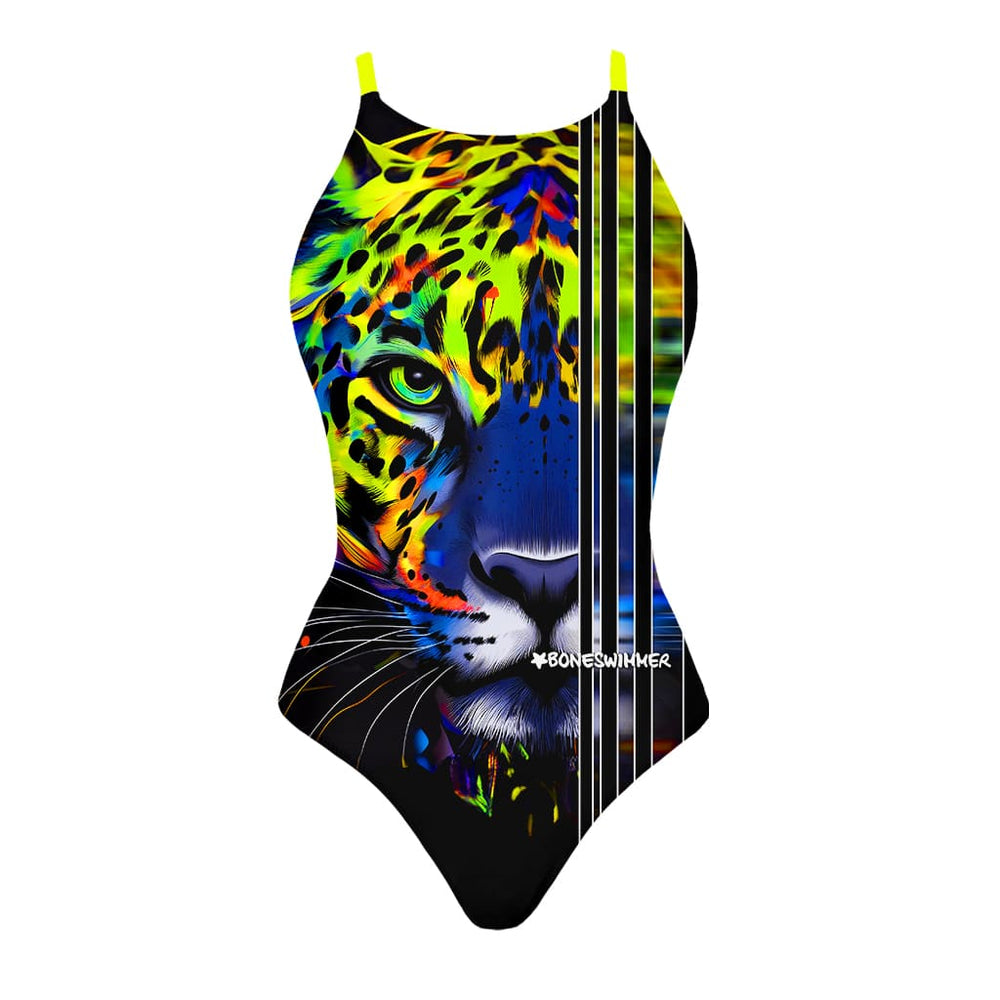 Costume da allenamento nuoto in piscina Boneswimmer da donna, modello intero IBIZA 164IF - NEON con stampa di un giaguaro dal manto fluorescente, fronte