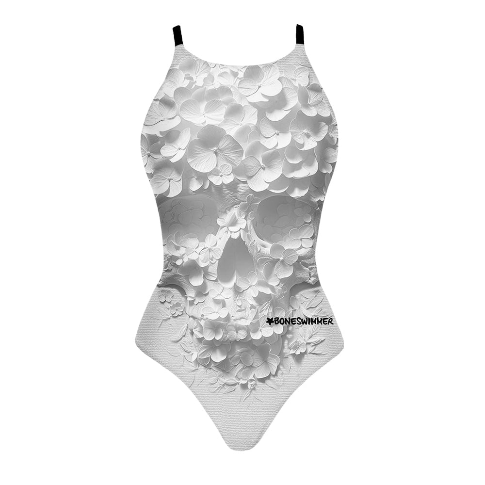 Costume da allenamento nuoto in piscina Boneswimmer da donna, modello intero IBIZA 165I - ORIGAMII con stampa di un teschio composto di petali di quadrifoglio bianchi e leggeri, fronte