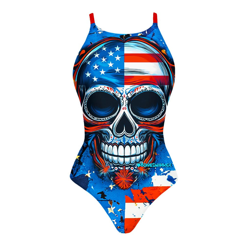 Costume da allenamento nuoto in piscina Boneswimmer da donna, modello intero IBIZA - 166I STARSKULL con stampa di un teschio vrappato come una bandiera americana, fronte