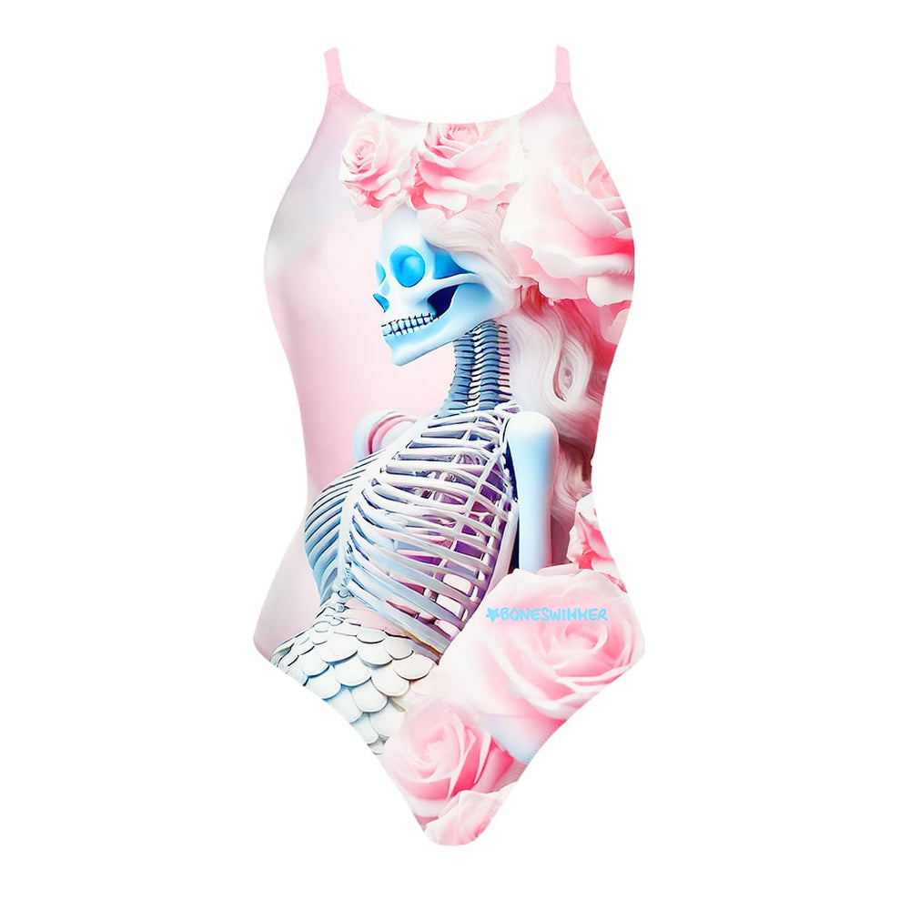 Costume da allenamento nuoto in piscina Boneswimmer da donna, modello intero IBIZA - 167I ROSES con stampa di uno scheletro di sirena tra le rose, fronte