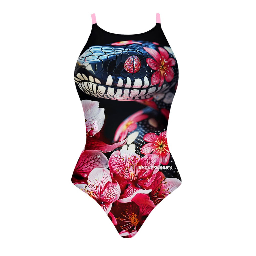 Costume da allenamento nuoto in piscina Boneswimmer da donna, modello intero IBIZA - 169I SAKURA con stampa di un serpente colorato tra le orchidee, fronte