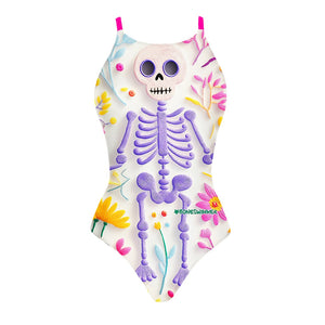 Costume da allenamento nuoto in piscina Boneswimmer da donna, modello intero IBIZA - 170I SPRING con stampa di uno scheletro sorridente riprodotto come una cucitura su un tessuto, fronte