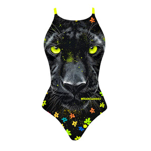 Costume da allenamento nuoto in piscina Boneswimmer da donna, modello intero IBIZA - 171IF ECLIPSE con stampa del muso di una pantera nera guarnita di fiorellini fluo, fronte