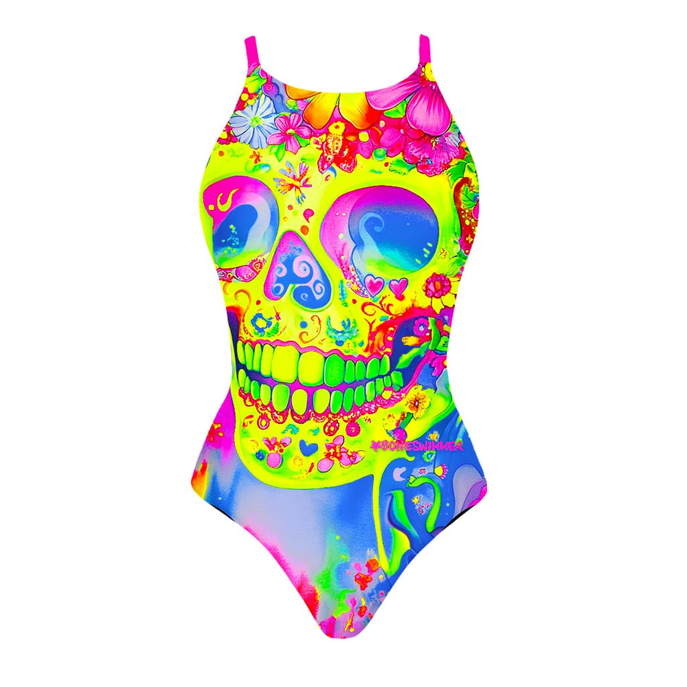 Costume da allenamento nuoto in piscina Boneswimmer da donna, modello intero IBIZA - 176IF SKULL-WAVE con stampa di un teschio decorato in stile messicano e colori fluo, fronte