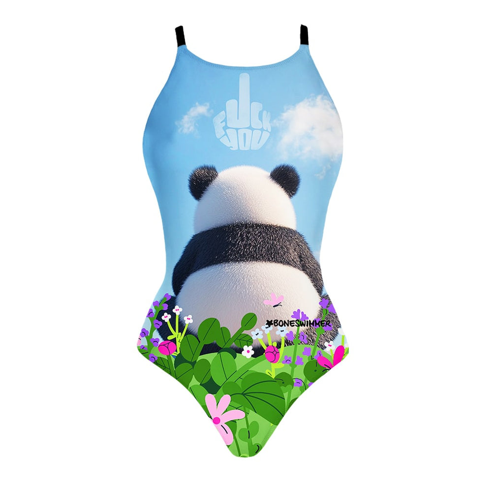 Costume da allenamento nuoto in piscina Boneswimmer da donna, modello intero IBIZA - 177I  ECCO! con stampa di un panda arrabbiato di schiena, fronte