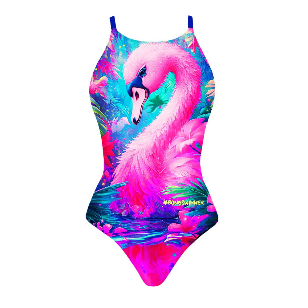 Costume da allenamento nuoto in piscina Boneswimmer da donna, modello intero IBIZA - 178IF SWAN con stampa di un elegante cigno fucsia, fronte