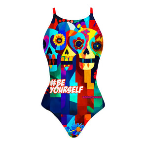 Costume da allenamento nuoto in piscina Boneswimmer da donna, modello intero IBIZA - 179I BE-YOURSELF con stampa di un teschio scomposto in forme geometriche e colorate, fronte