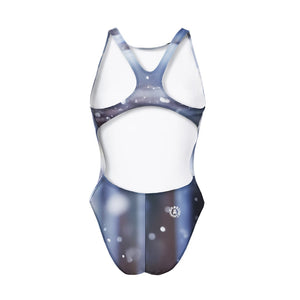 Costume da allenamento nuoto in piscina Boneswimmer da donna, modello intero PINUP - 435P ARTIC con striature sfumate bianco su nero e ficchi come in una notte di neve, retro