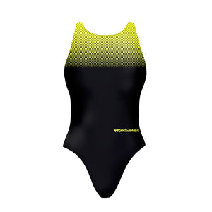 Costume da allenamento nuoto in piscina Boneswimmer da donna, modello intero PINUP - 441PF NERO GIALLO con stampa nero e sfumatura gialla sulla parte alta, fronte