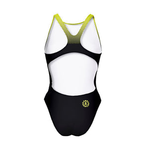 Costume da allenamento nuoto in piscina Boneswimmer da donna, modello intero PINUP - 441PF NERO GIALLO con stampa nero e sfumatura gialla sulla parte alta, retro