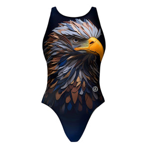 Costume da allenamento nuoto Boneswimmer da bambina, modello intero PINUP 374p con stampa di un'aquila con le piume di carta, fronte