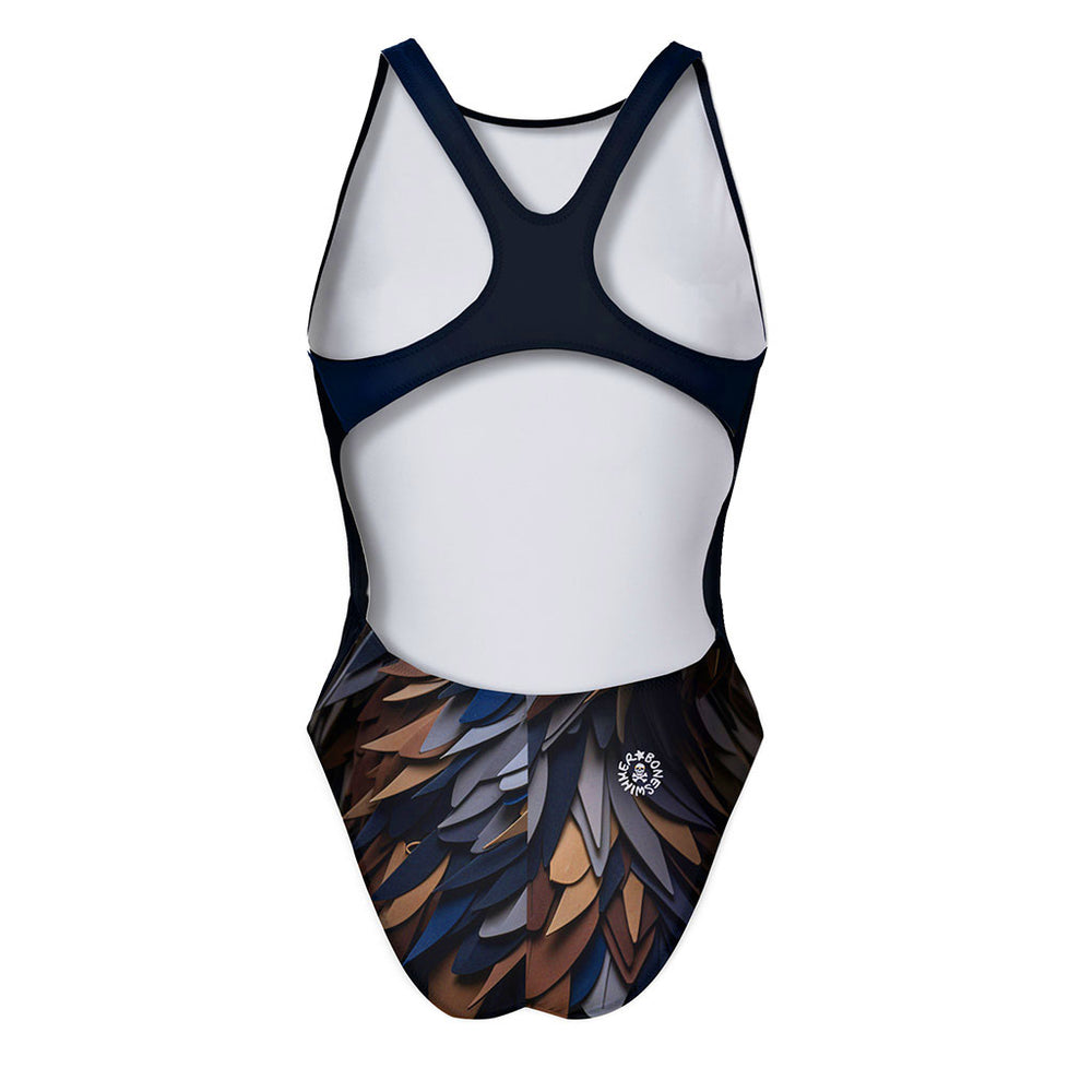 Costume da allenamento nuoto Boneswimmer da bambina, modello intero PINUP 374p con stampa di un'aquila con le piume di carta, retro