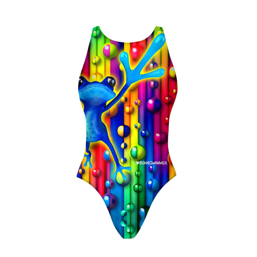 Costume da allenamento nuoto Boneswimmer per bambina, modello intero PINUP 430pf con grafica arcobaleno e gocce d'acqua e una rana fluo, fronte