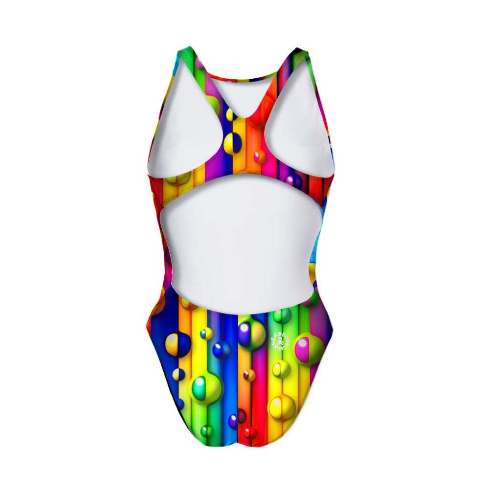 Costume da allenamento nuoto Boneswimmer per bambina, modello intero PINUP 430pf con grafica arcobaleno e gocce d'acqua, retro