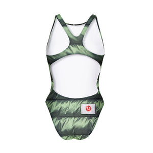 Costume da allenamento nuoto in piscina Boneswimmer da donna, modello intero PINUP - 437P REMOVE con la stampa che simula un piumino verde, retro