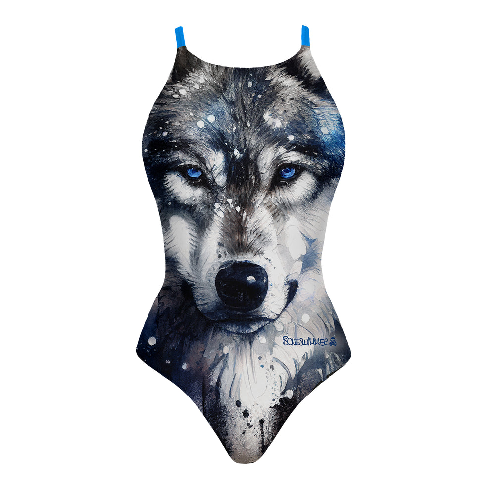 Costume da allenamento nuoto Boneswimmer da donna, modello intero IBIZA 110i con stampa di close-up del volto di un lupo dallo sguardo intenso realizzato con tecnica pittura e acquerello, fronte