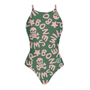 Costume da allenamento nuoto Boneswimmer da donna, modello intero IBIZA 132i con stampa logo Boneswimmer® rosa chiaro su sfondo verde militare, fronte