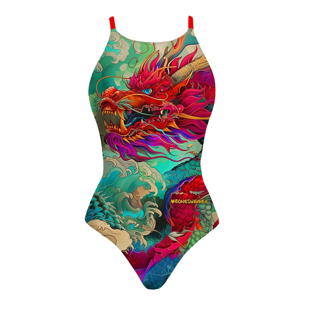 Costume da allenamento nuoto Boneswimmer da donna, modello intero IBIZA 137i con stampa di un leggendario drago cinese nella sua maestosità, eleganza e forza, fronte