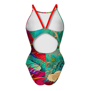 Costume da allenamento nuoto Boneswimmer da donna, modello intero PINUP 402p con stampa di un leggendario drago cinese nella sua maestosità, eleganza e forza, retro