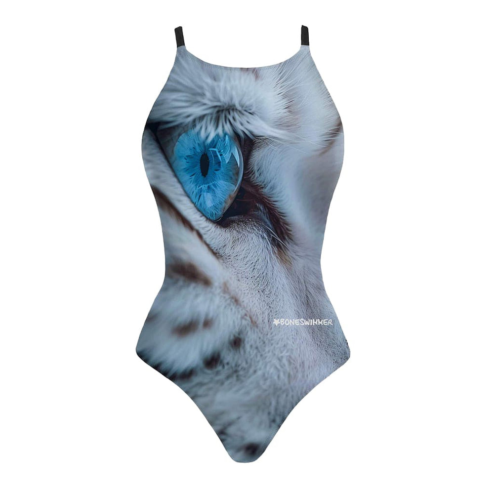 Costume da allenamento nuoto Boneswimmer da donna, modello intero IBIZA 139i con stampa close up dell'occhio azzurro glaciale di una rara tigre bianca, fronte