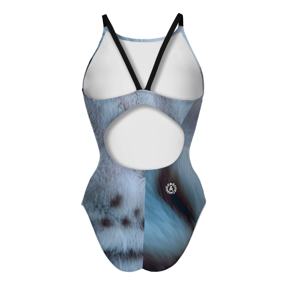 Costume da allenamento nuoto Boneswimmer da donna, modello intero IBIZA 139i con stampa close up dell'occhio azzurro glaciale di una rara tigre bianca, retro