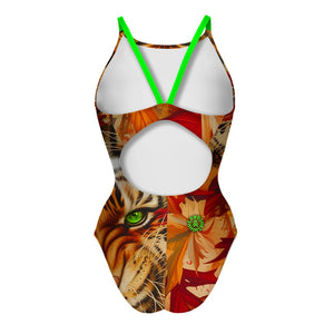 Costume da allenamento nuoto Boneswimmer da donna, modello intero PINUP 408p con stampa stampa di una tigre grintosa e affascinante che emerge dal fogliame autunnale, retro