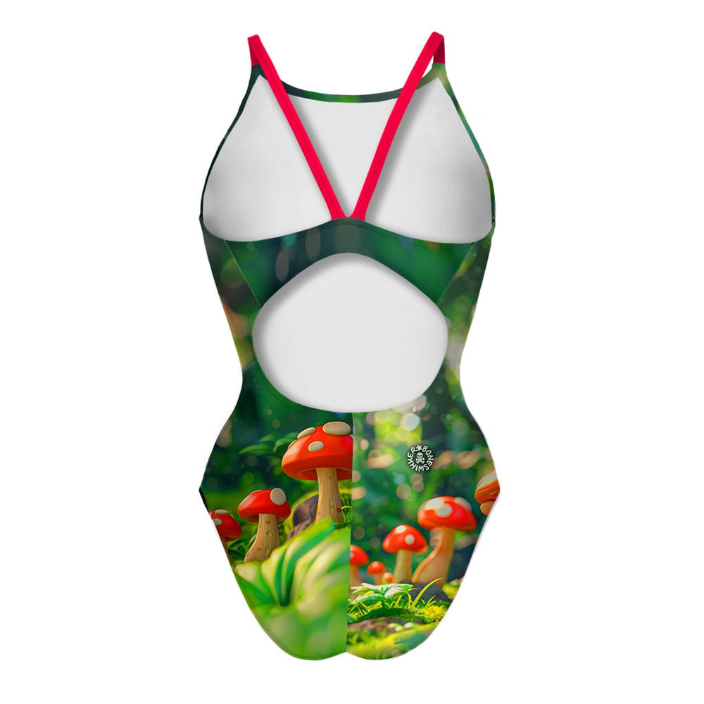 Costume da allenamento nuoto Boneswimmer da donna, modello intero IBIZA 142i con stampa di funghi e gnomi in atmosfera autunnale stile cartoon, retro