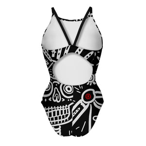 Costume da allenamento nuoto Boneswimmer da donna, modello intero IBIZA 143i con stampa di un teschio e scheletro bianchi su fondo nero in stile messicano e tribale, retro